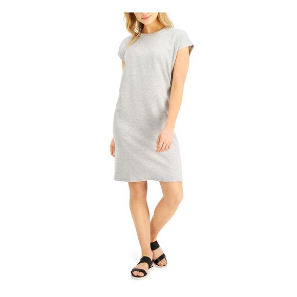 EILEEN FISHER Dresses & Skirts - EILEEN FISHER Womens Gray Stretch Cap Sleeve Crew Neck Knee Length Shift Dress M